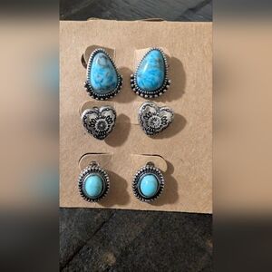 Western Faux Turquoise and Silver Heart Earrings Set Vintage Western Studs 3 Set